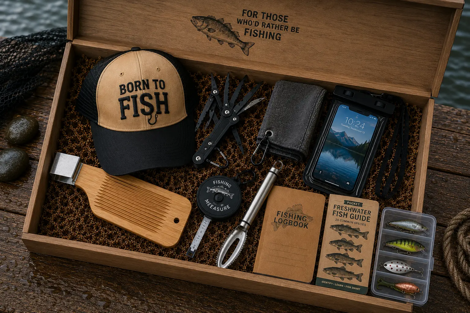The Fishing Person gift box open on a wooden dock by a lake, with a cap, logbook, scaler, lures and a cleaning board inside